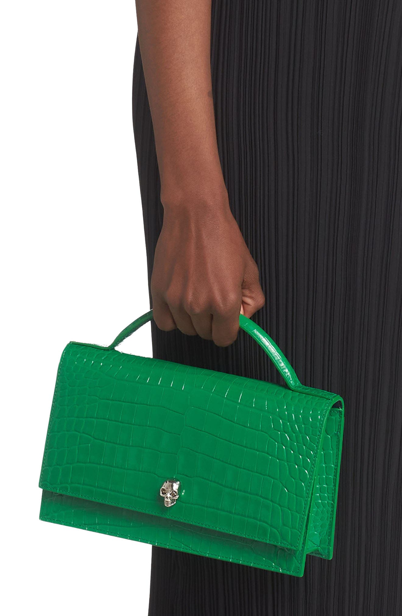 McQueen Medium Skull Croc Embossed Leather Crossbody Bag, Alternate, color, 