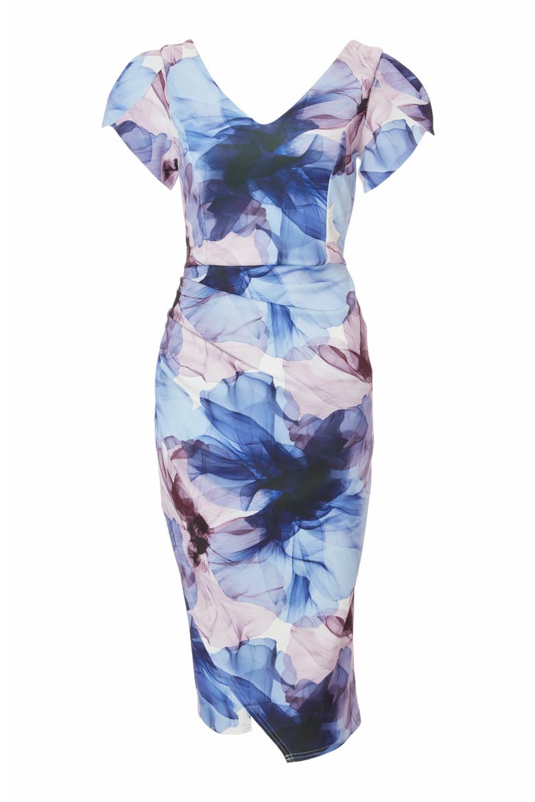 Scuba Knit Floral Frint Cap Sleeve Midi Bodycon Dress, Alternate, color, Multi