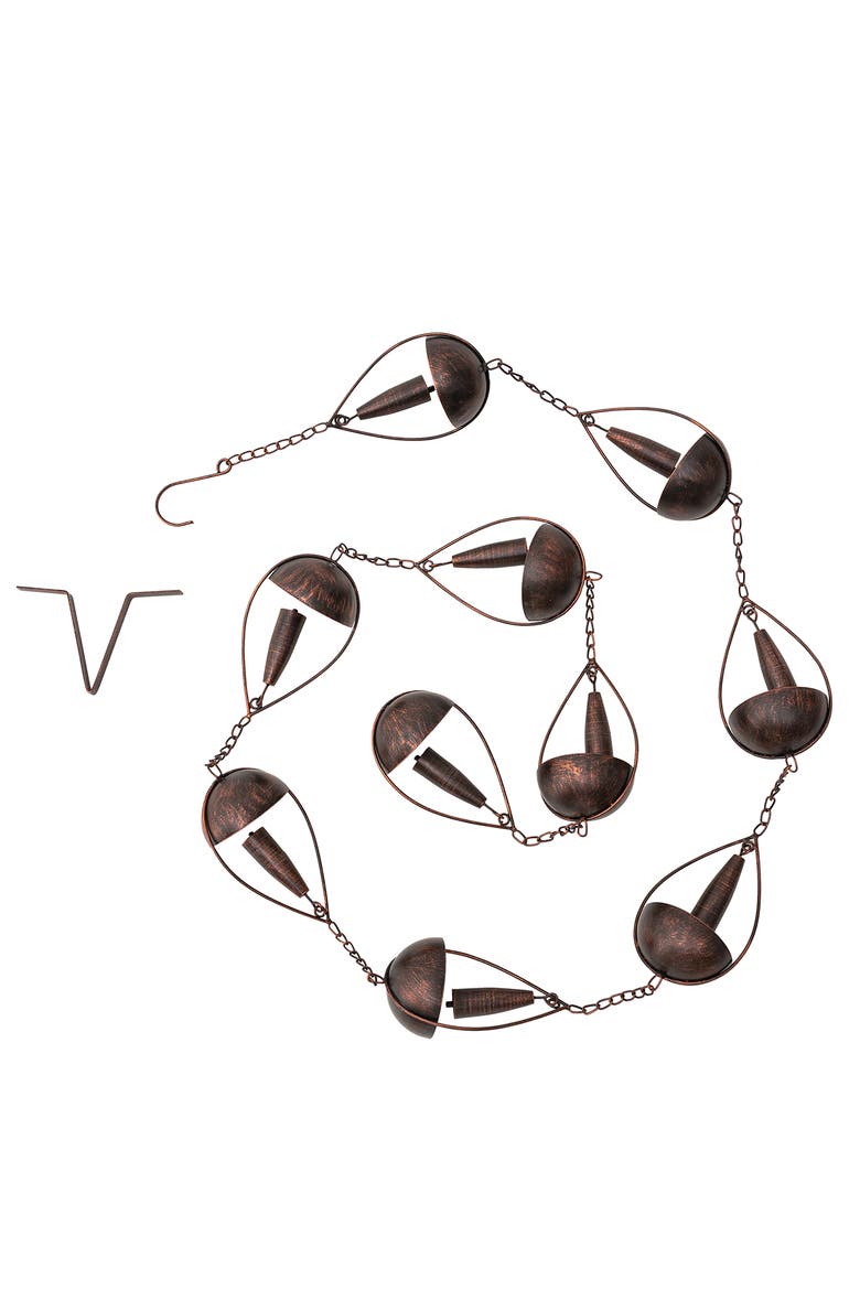 8.5ft 10-Piece Faux Copper Bowl and Bell Shaped Rain Chain with V-Shaped Gutter Clip, Alternate, color, Brown