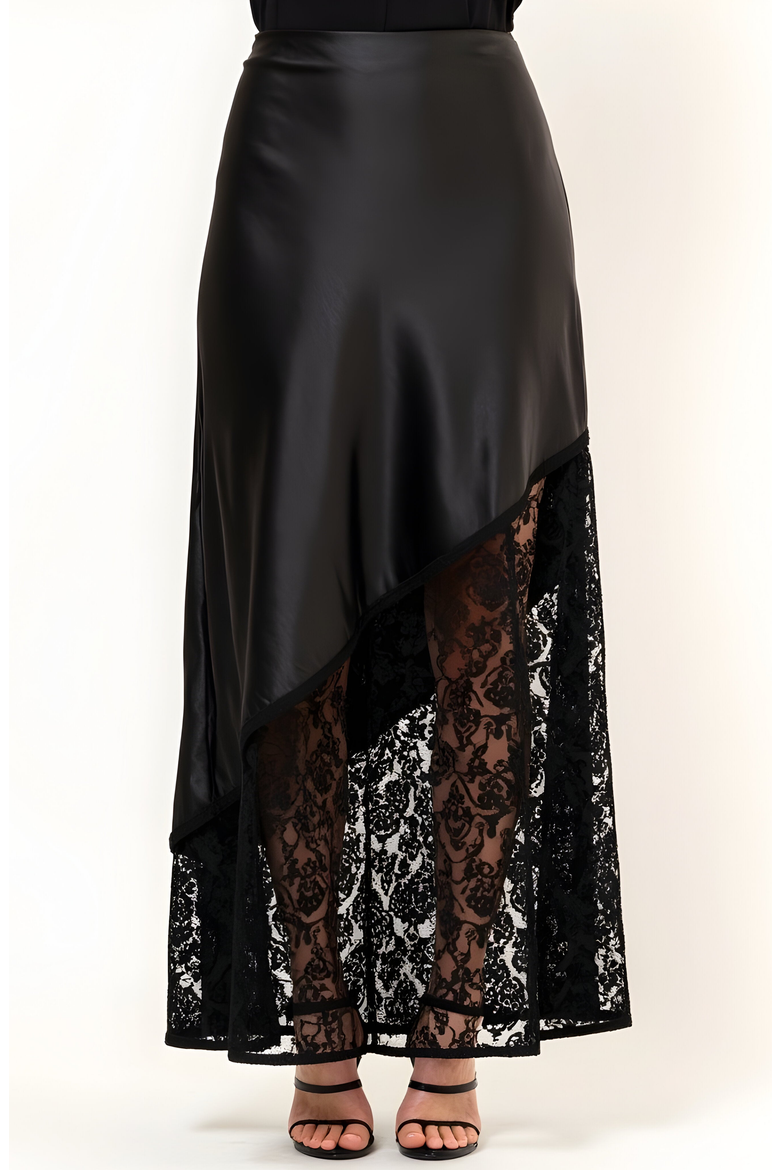Asymmetrical Satin Midi Skirt with Sheer Lace Hem and Fitted Waist, Main, color, Black