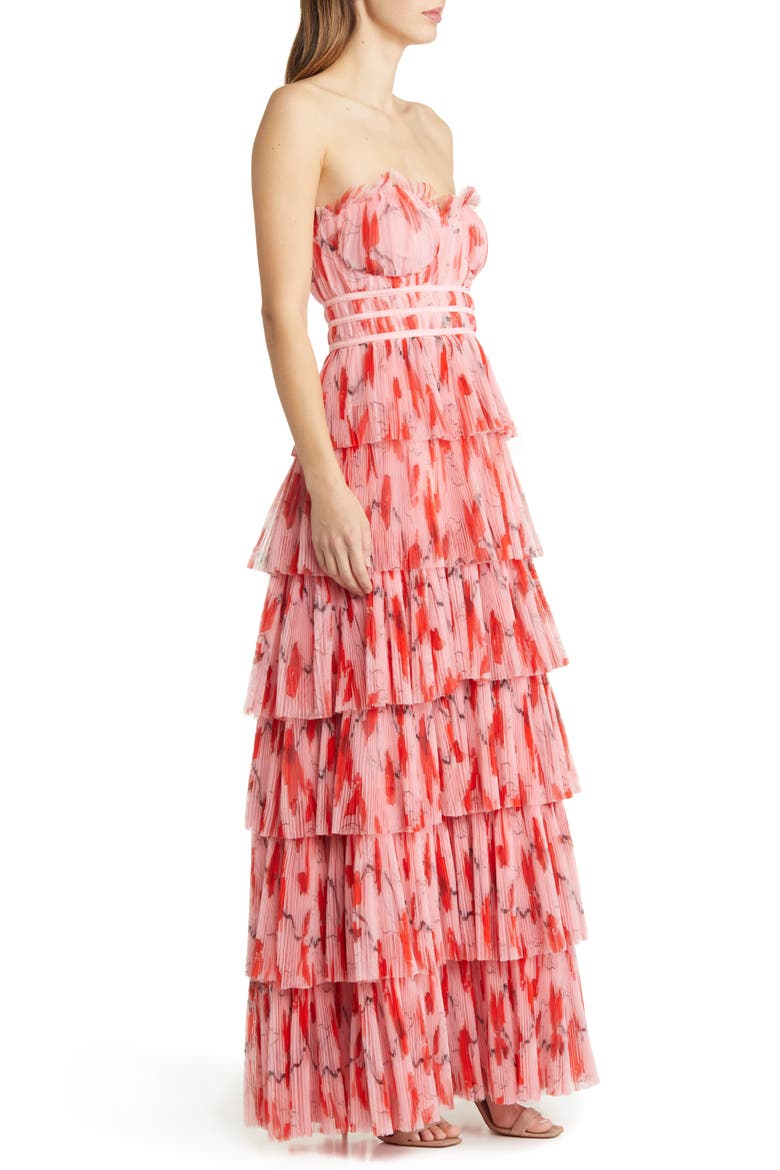 Monaco Strapless Ruffle Tiered Plissé Gown, Alternate, color, BLUSH RED POPPIES TULLE