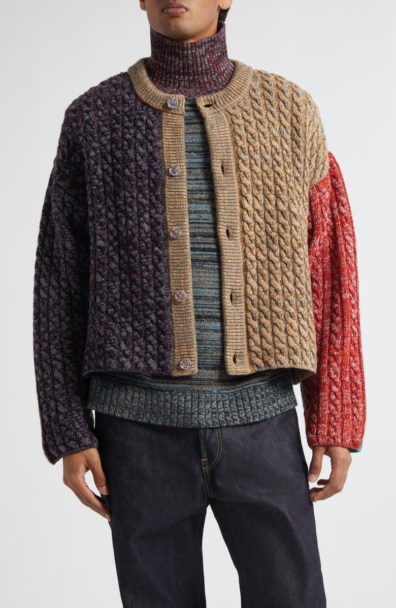 Waste Yarn Project Niall Colorblock Crop One of a Kind Cable Knit Cardigan, Main, color, Multicolored