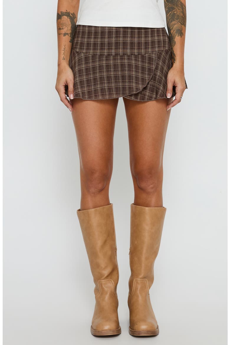Sonsie Plaid Miniskirt, Main, color, BROWN