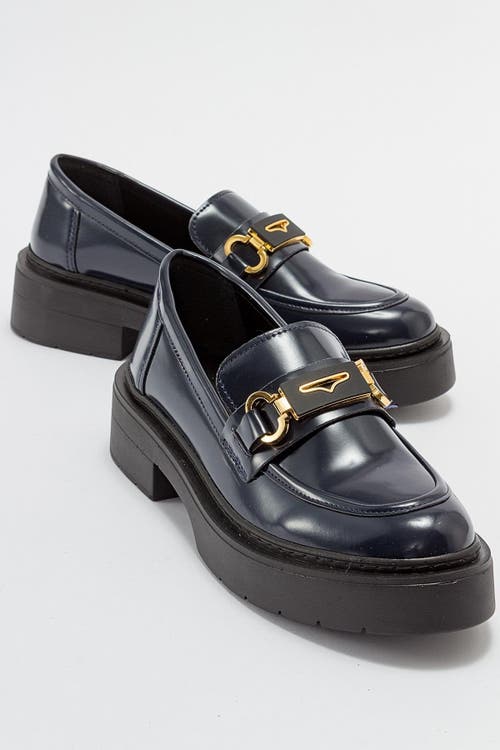 Forever & Always Shoes Simone Bit Platform Loafer In Dark Blue Patent Faux Leather