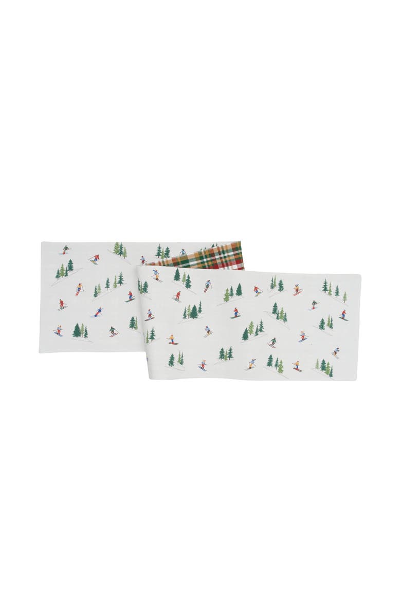 Alpine Skiers Winter Sports Reversible Plaid Christmas Runner 14" x 72", Main, color, White