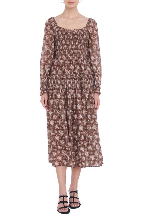 Smocked Long Sleeve Midi Dress