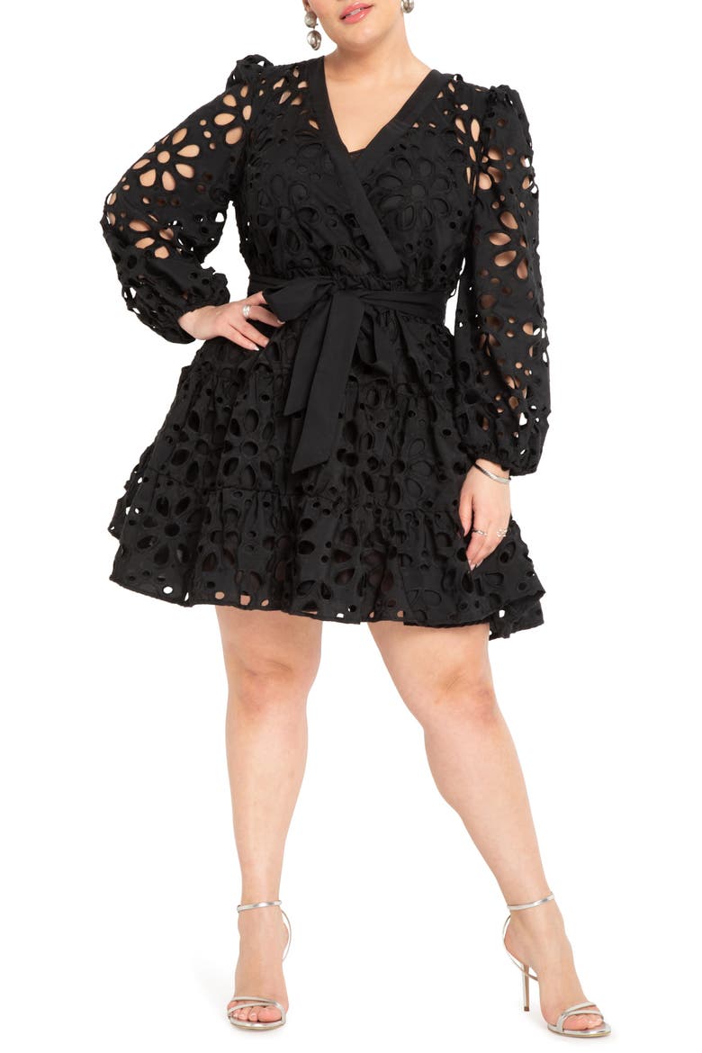 Tiered Eyelet Mini Dress, Main, color, BLACK