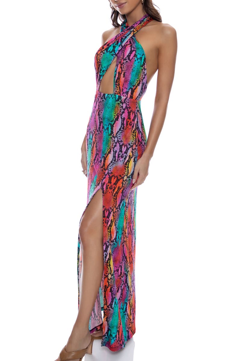 Luli Fama Halter Neck Cut Out Long Dress, Alternate, color, Multi-Purple