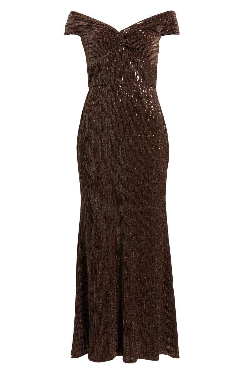 Eliza J Sequin Twist Off the Shoulder Gown, Alternate, color, Chocolate