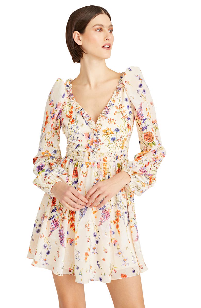 ML Monique Lhuillier Lila Floral Print Long Sleeve Chiffon Minidress, Alternate, color, Wildflower Meadow