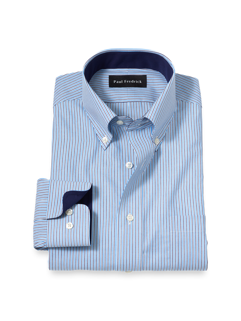 Cotton Buttondown Collar Broadcloth Slim Contrast Trim Button Cuff Long Sleeve