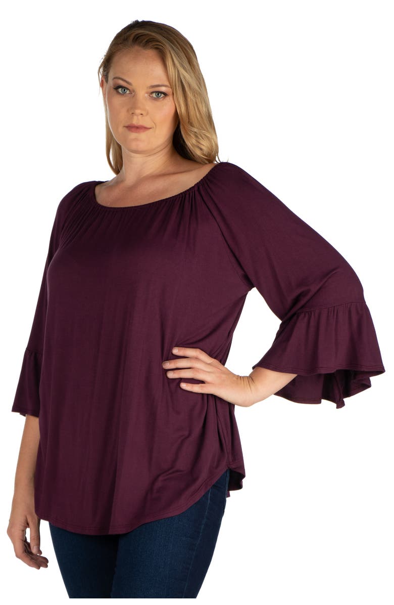 24seven Comfort Apparel Plus Size Bell Sleeve Loose Fit  Tunic Top, Alternate, color, Plum