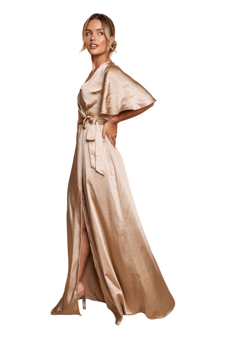 Wrap Tie Satin Bridesmaid Dress, Alternate, color, Champagne