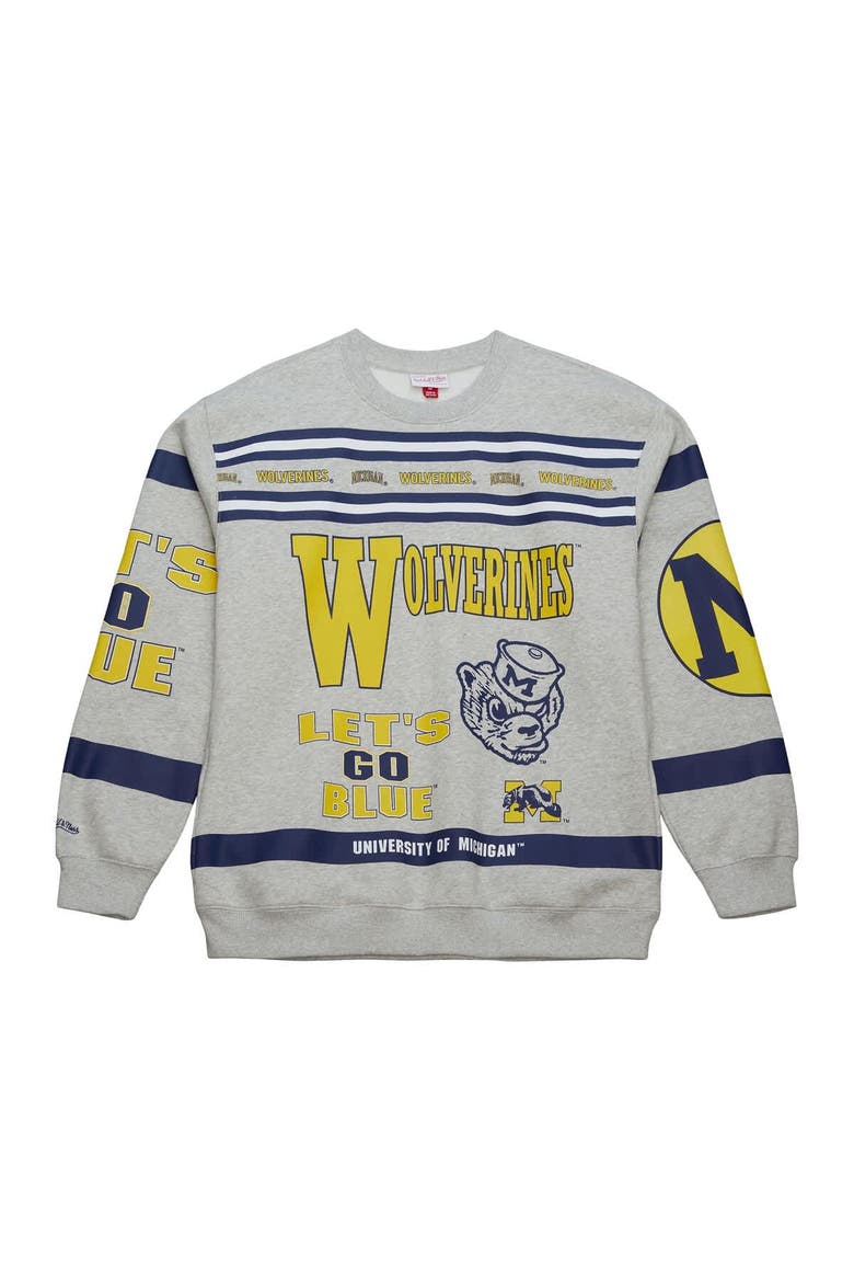 Men's Mitchell & Ness Heather Gray Michigan Wolverines All Over Print Sweatshirt, Alternate, color, Heather Gray