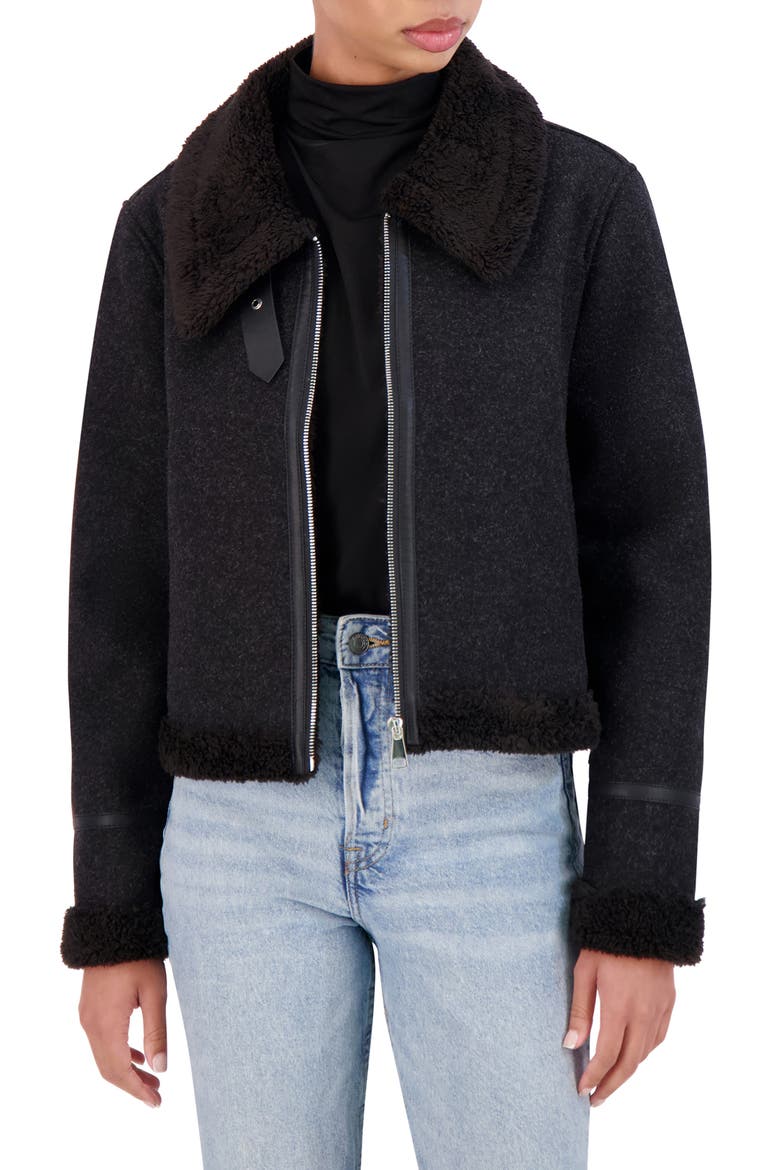 Faux Shearling Trim Faux Wool Moto Jacket, Alternate, color, BLACK