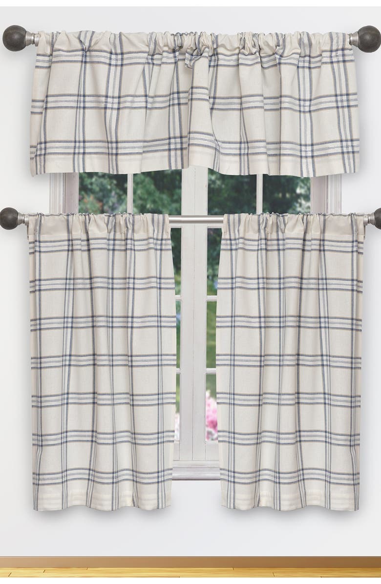 Duck River Textile Gwen Metallic Plaid Natural Kitchen Curtain & Tier Set - Royal Blue, Main, color, 