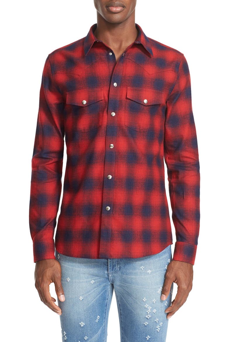 Extra Trim Fit Plaid Flannel Western Shirt, Main, color, RED
