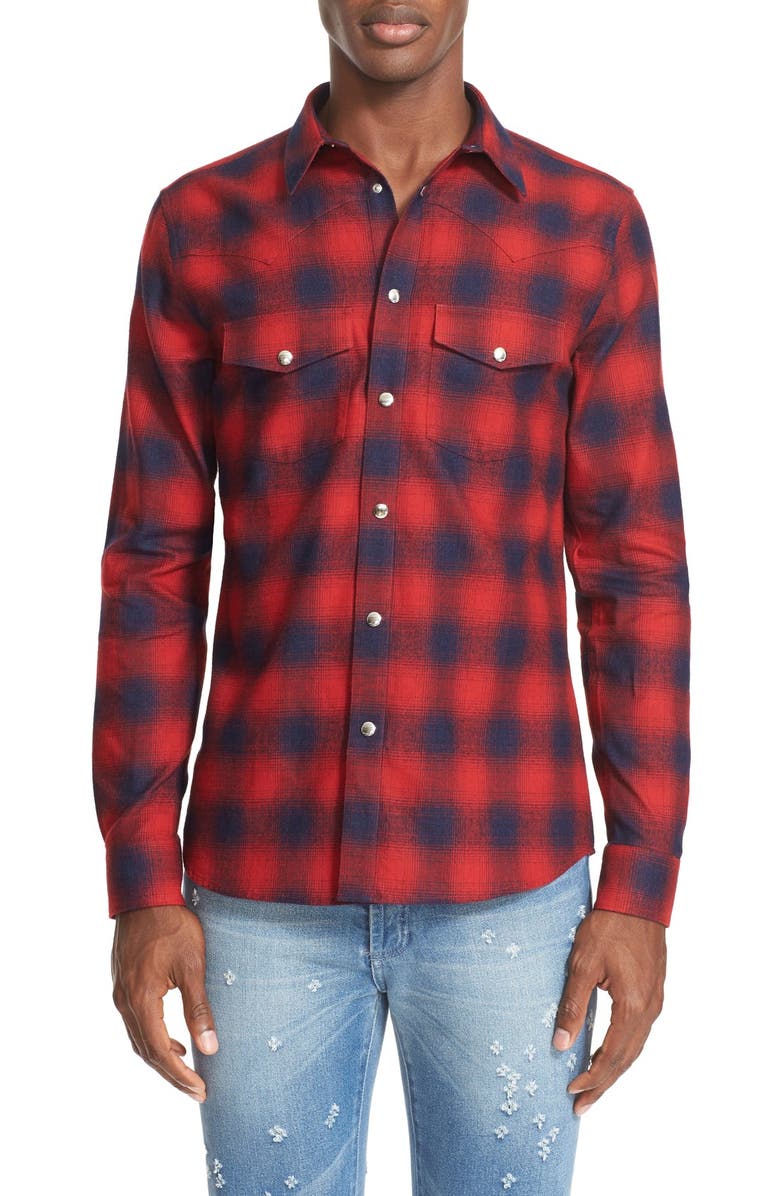 Givenchy Extra Trim Fit Plaid Flannel Western Shirt, Main, color,