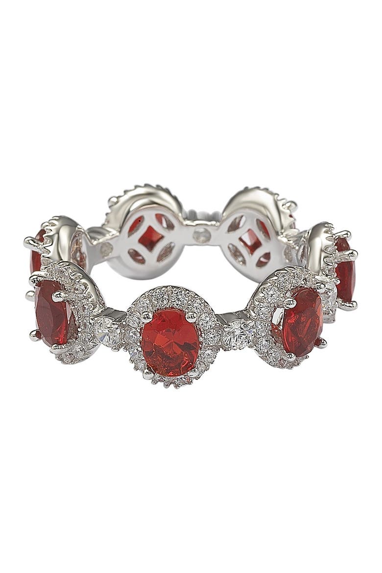 Sterling Silver Prong Set Red CZ & Pave Halo Station Eternity Band Ring, Alternate, color, RED