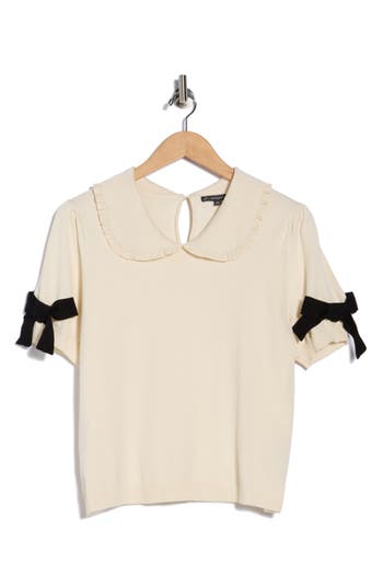 Adrianna Papell Ruffle Peter Pan Collar Short Sleeve Sweater In Neutral