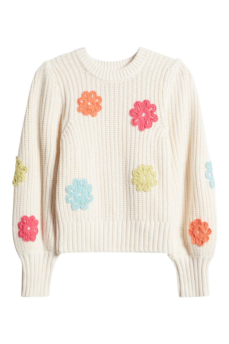 Romi Floral Crochet Accent Crewneck Sweater, Alternate, color, IVORY MULTI DAISIES