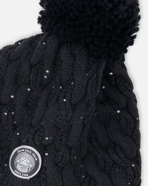 Deux Par Deux Winter Peruvian Knit Hat With Pompom And Lining In Black