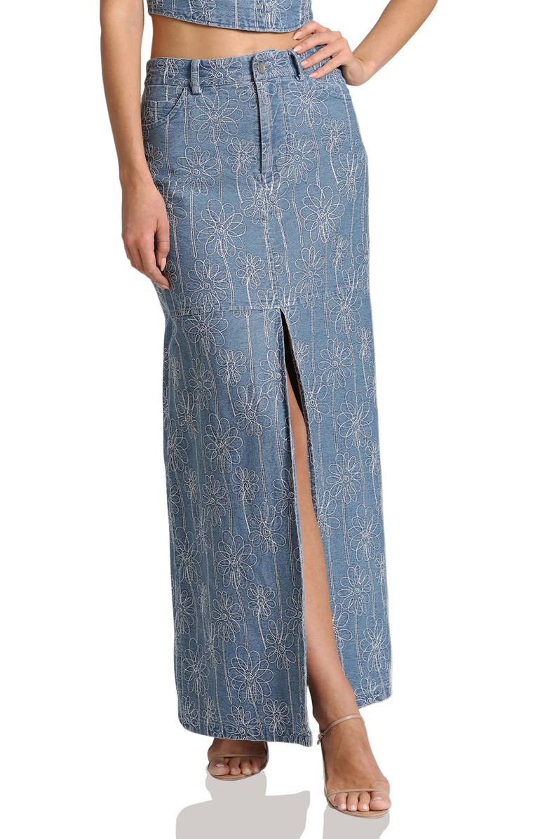 Avec Les Filles Floral Embroidered Slit Denim Maxi Skirt, Alternate, color, 