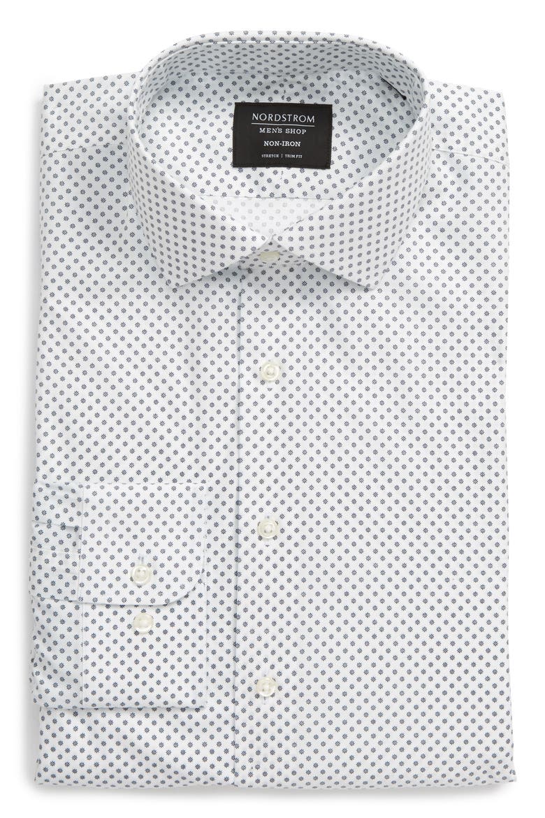 Trim Fit Non-Iron Floral Dress Shirt, Alternate, color, WHITE NAVY MINI DAISY