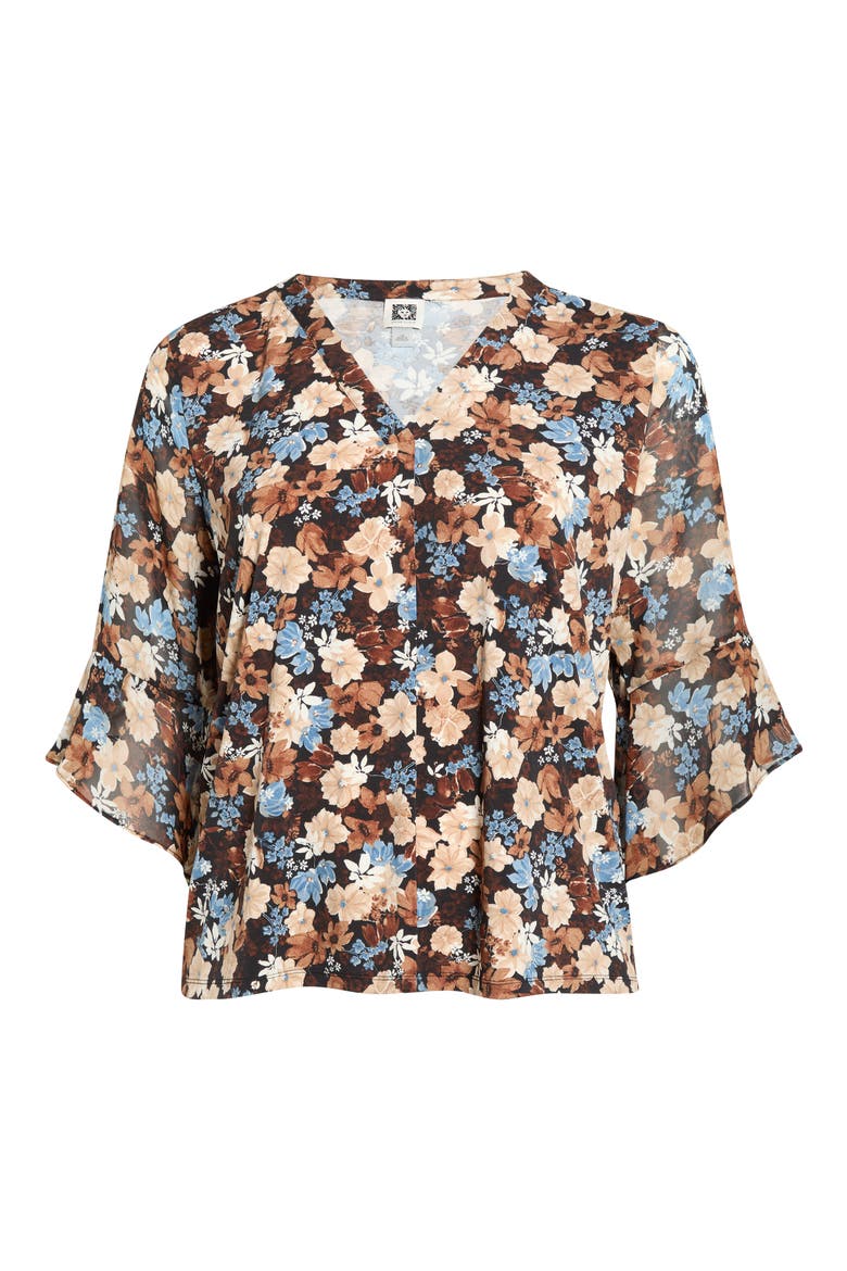 Floral Split Neck Bell Sleeve Top, Alternate, color, ANNE BLACK MULTI
