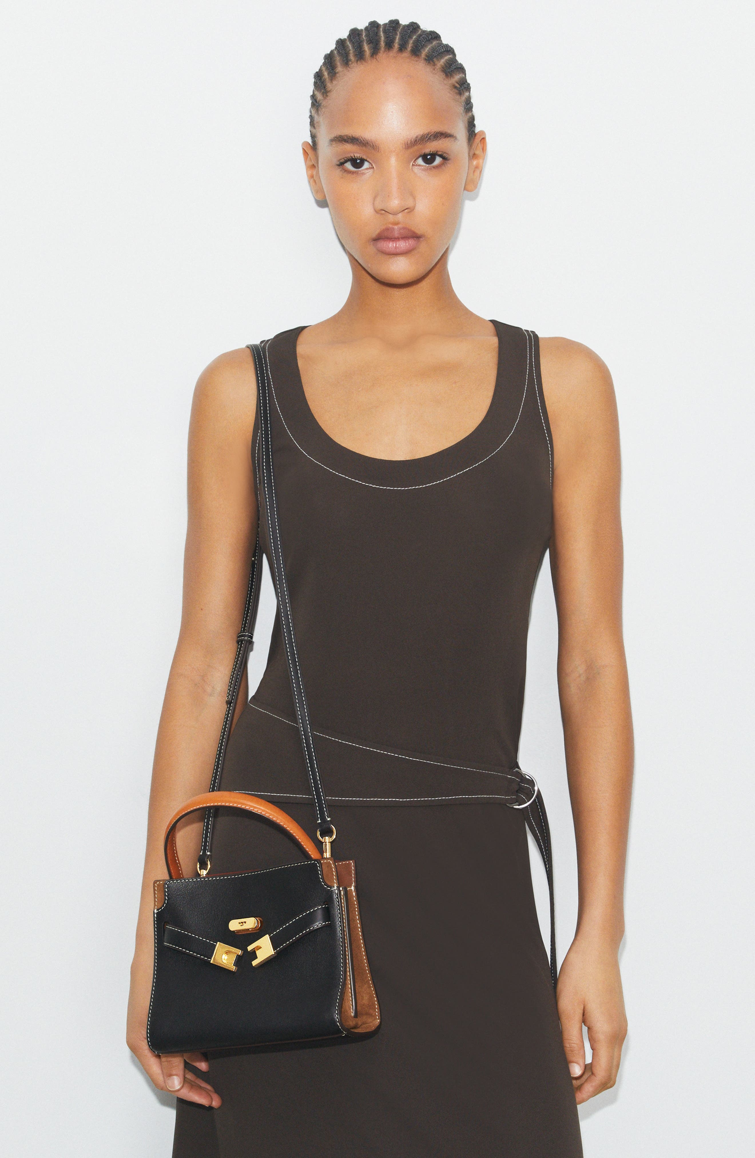 Tory Burch Lee Radziwill Petite Leather Double Bag, Alternate, color, Black