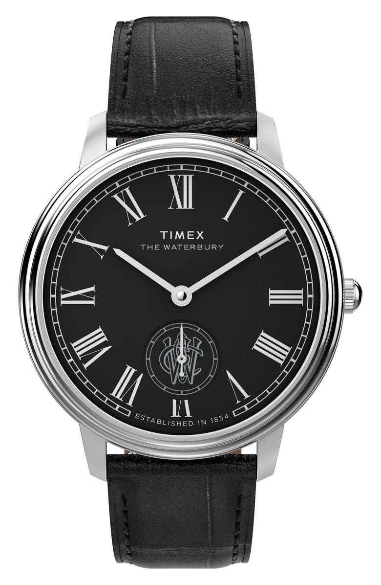 Timex<sup>®</sup> Waterbury Metropolitan Leather Strap Watch, 39mm, Main, color, Black