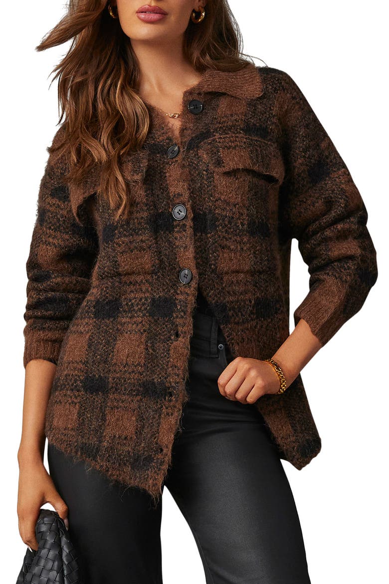 Gallagher Plaid Cardigan, Main, color, BROWN