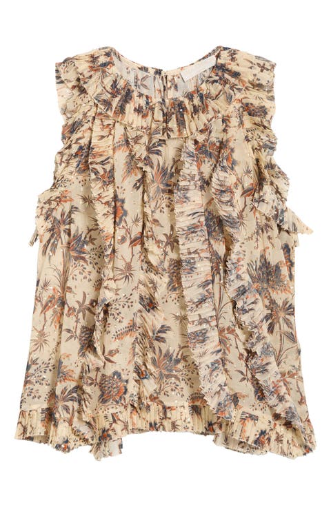 Sabra Floral Metallic Sleeveless Silk Blend Top