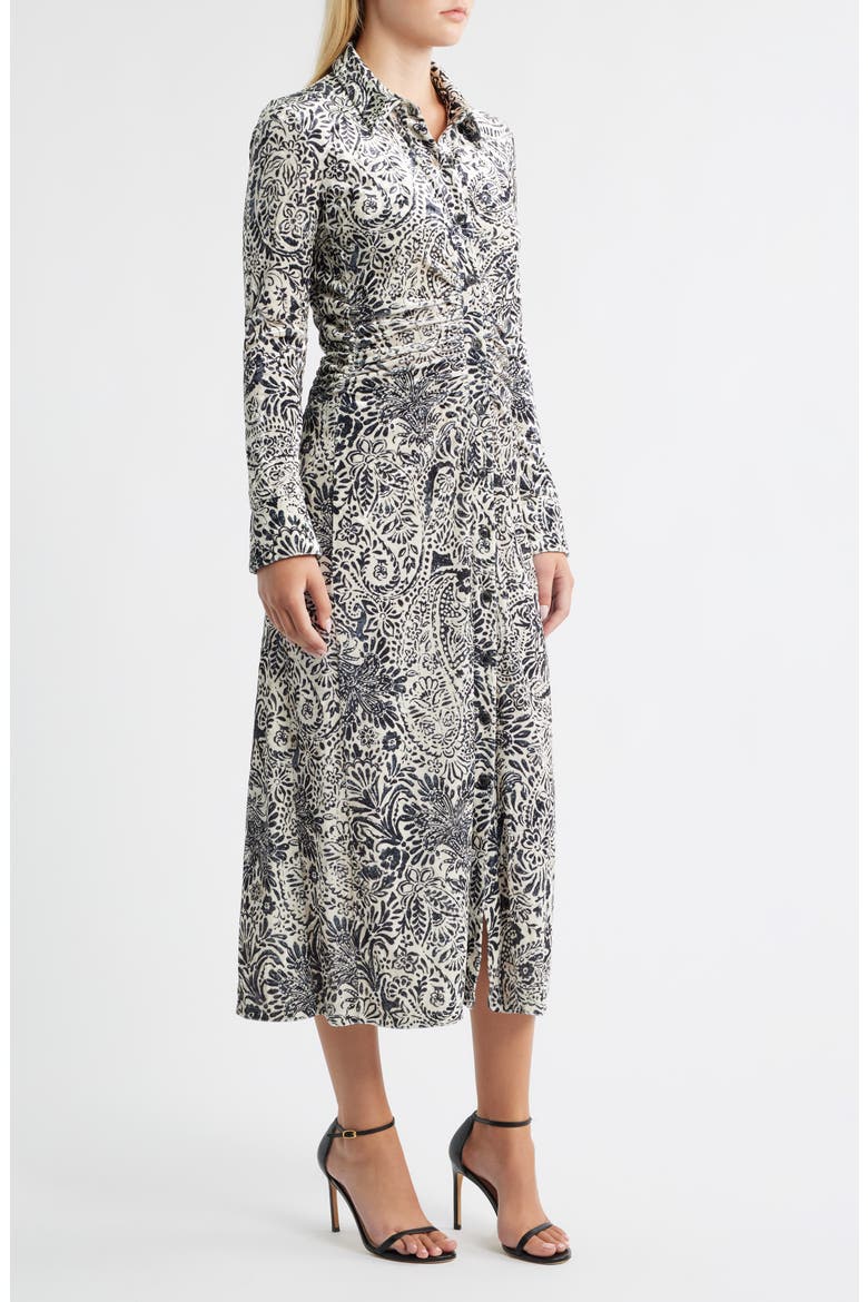 Print Long Sleeve Velvet Midi Shirtdress, Alternate, color, IVORY BLACK