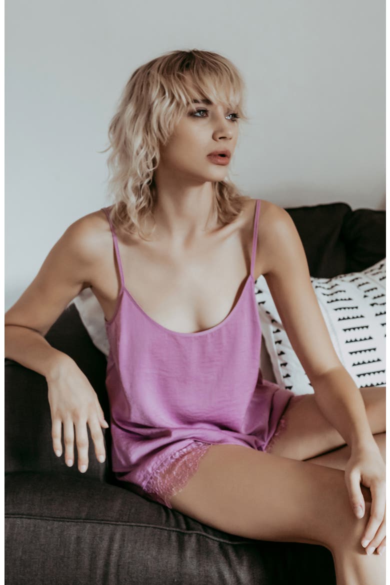 Anais Lace Trim Hammered Satin Short Pajamas, Alternate, color, PINK