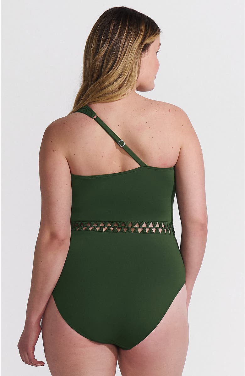 Lands' End Macrame One Shoulder High Leg One Piece Swimsuit, Alternate, color, Rich Olive Green