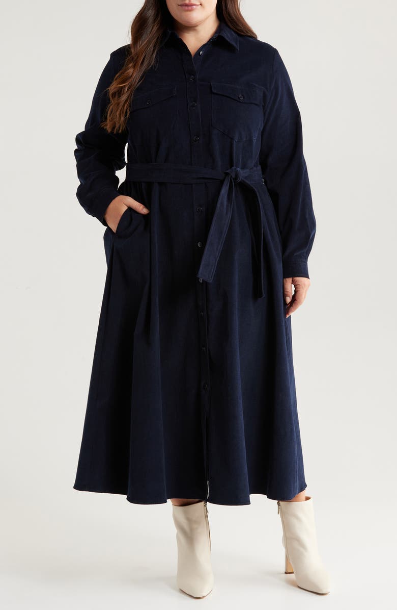 Marina Rinaldi Eolie Tie Belt Long Sleeve Corduroy Shirtdress, Main, color, 