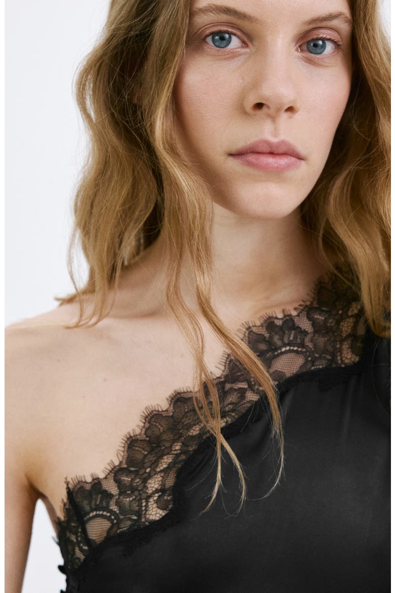 Lace Detail One-Shoulder Jumpsuit, Alternate, color, BLACK