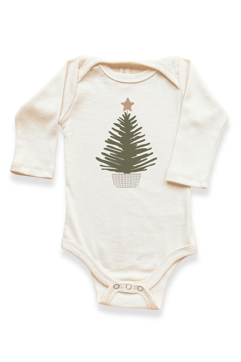 Holiday Tree - Organic Long Sleeve Baby Bodysuit, Main, color, Natural Olive Design