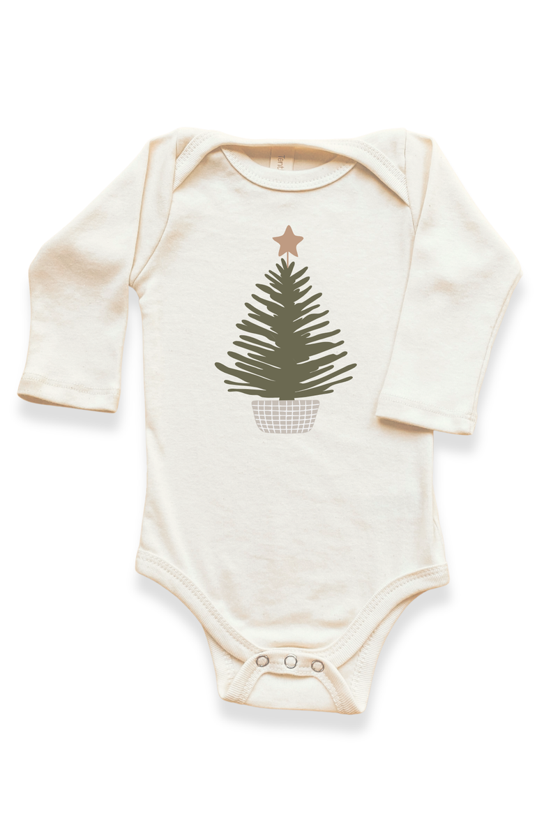 Tenth & Pine Holiday Tree - Organic Long Sleeve Baby Bodysuit, Main, color, Natural Olive Design