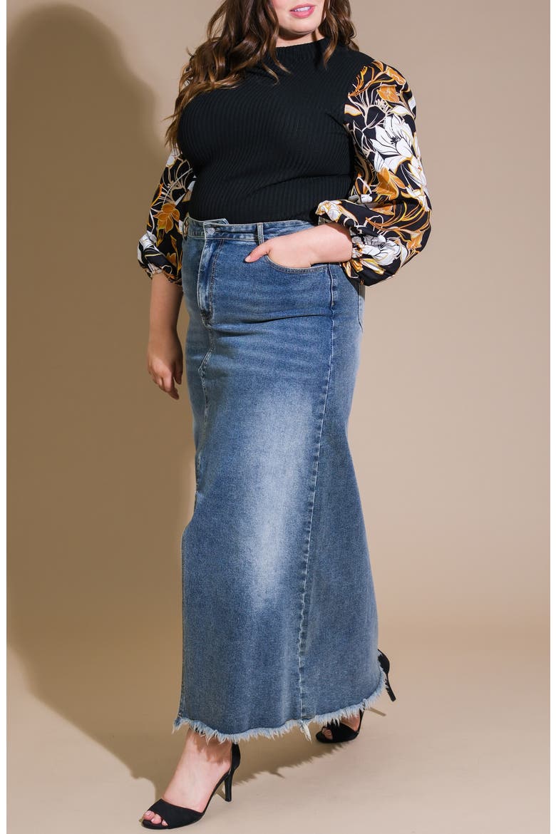 Floral Balloon Sleeve Mixed Media Sweater, Alternate, color, BLACK