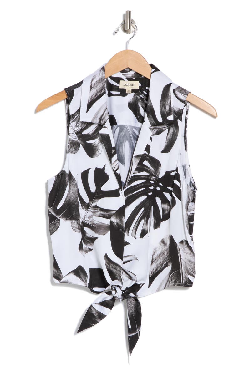 Amos Sleeveless Tie Front Top, Alternate, color, BLACK/ WHITE PALM LEAVES