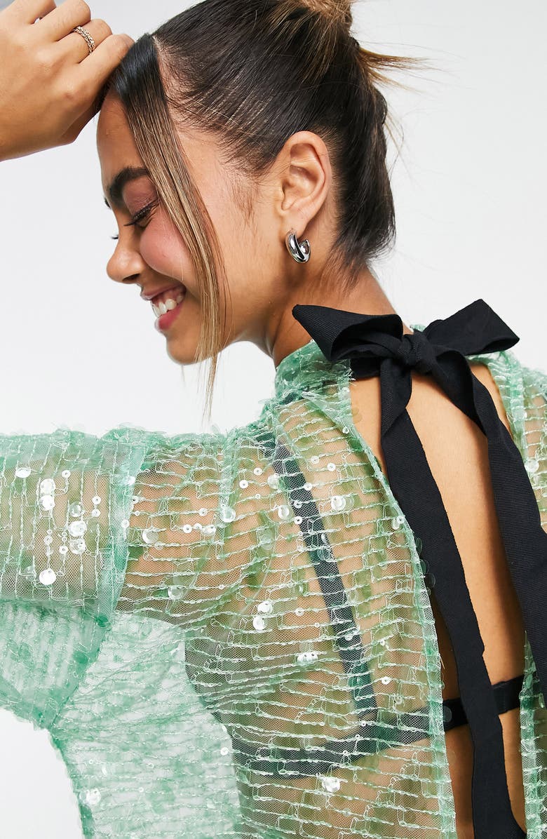 ASOS DESIGN Sequin Mesh Peplum Top, Alternate, color, 