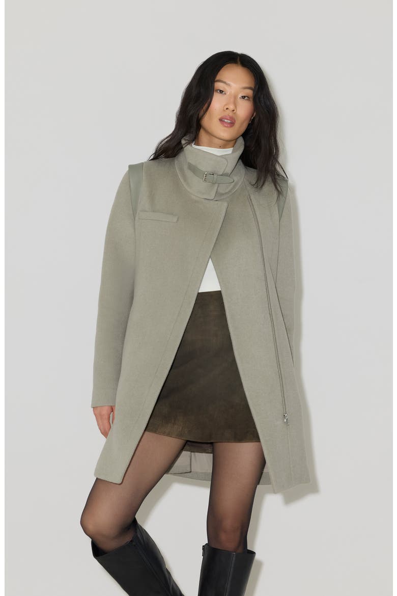 Kiana Mixed Media Wool Blend & Leather Coat, Alternate, color, SAGEBRUSH