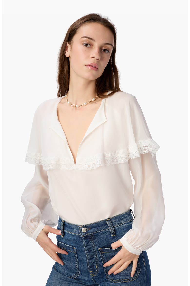 Marila Lace Trim Ruffle Silk Chiffon Top, Alternate, color, WHITE
