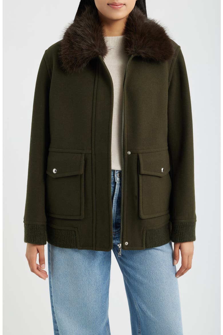 Faux Fur Collar Relaxed Bomber Jacket, Main, color, LODEN