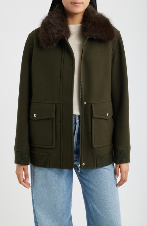 Faux Fur Collar Relaxed Bomber Jacket