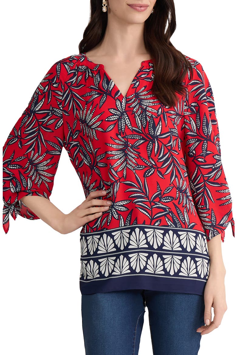 Leaf Print Tie Cuff Raglan Sleeve Top, Main, color, ROUGE MULTI