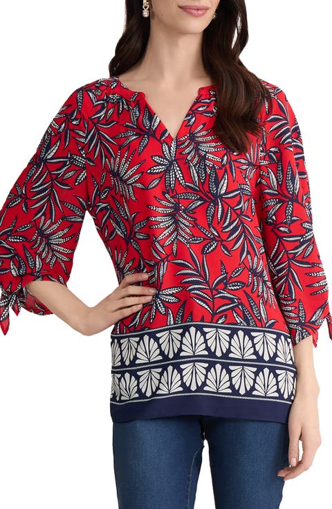 Leaf Print Tie Cuff Raglan Sleeve Top