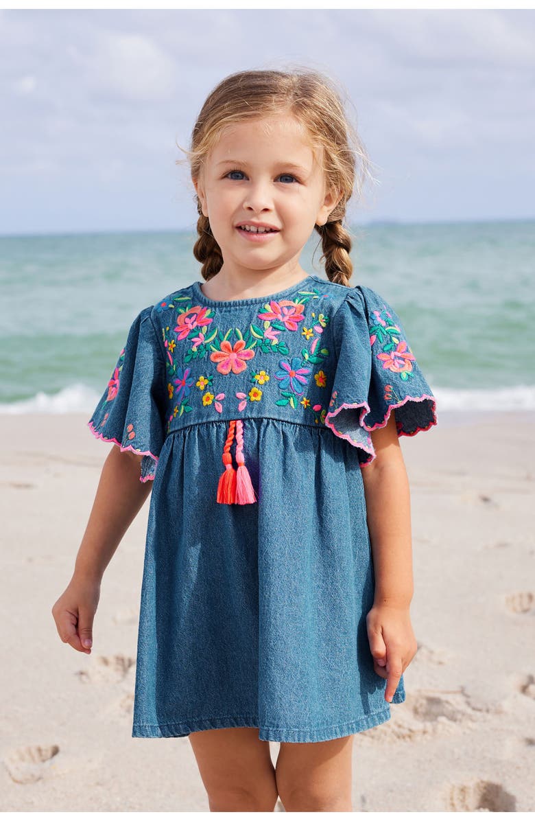 NEXT Kids' Floral Embroidered Denim Caftan Dress, Alternate, color, 